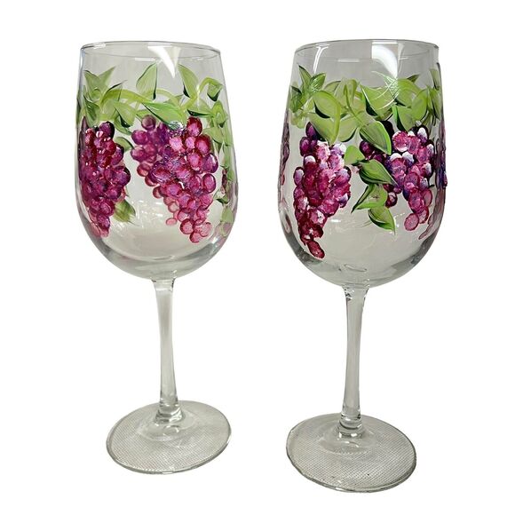 Set of 2 Hand Painted Wine Glasses Unique Grape Clusters Vines 16 oz Vtg 80s - Picture 3 of 7